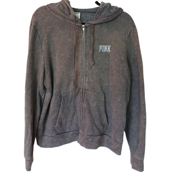 PINK Victoria's Secret Soft Vintage Washed Zip Up Graphic Hoodie Gray Size XL - Picture 1 of 10